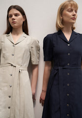 Women's Linen Puff Sleeve Midi Dress – Button Front Shirt Dress with Belted Waist