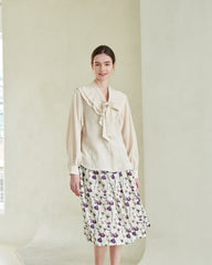 Linen Blouse with Ruffled Sailor Collar and Front Bow Tie for Romantic Feminine Elegance