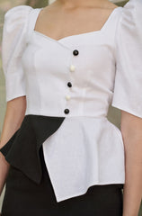 Linen Puff Sleeve Blouse with Sweetheart Neckline and Peplum Hem