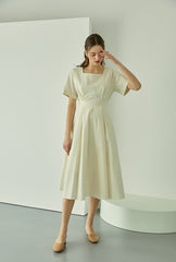 Structured Linen Midi Dress with Square Neckline and Short Sleeves for Refined Daywear