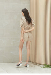 Linen Puff Sleeve Blouse with Button Front and V-Neckline