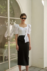Linen Puff Sleeve Blouse with Sweetheart Neckline and Peplum Hem
