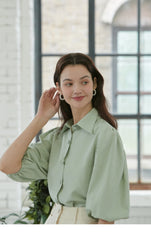 Linen Collared Shirt Blouse with Puff Half Sleeves – Tailored Button-Up Summer Top