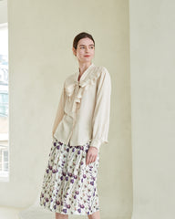 Linen Blouse with Ruffled Sailor Collar and Front Bow Tie for Romantic Feminine Elegance