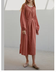 Viscose Long Sleeve Button-Down Midi Dress for Women with Drawstring Waist and Side Slits