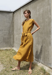 Linen Midi Dress with Waist Tie and Side Slits – Sleeveless Elegant Summer Wardrobe Essential