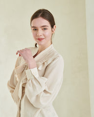 Linen Blouse with Ruffled Sailor Collar and Front Bow Tie for Romantic Feminine Elegance