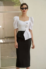 Linen Puff Sleeve Blouse with Sweetheart Neckline and Peplum Hem