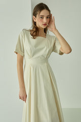 Structured Linen Midi Dress with Square Neckline and Short Sleeves for Refined Daywear