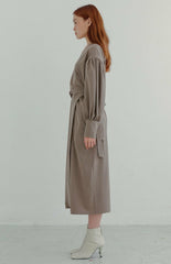 Wrap-Front Linen Midi Dress with Balloon Sleeves and Draped Silhouette