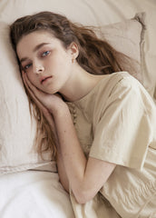 Women's Linen Midi Dress with Gathered Waist and Button Detail for Effortless Elegance