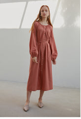 Viscose Long Sleeve Button-Down Midi Dress for Women with Drawstring Waist and Side Slits