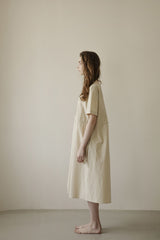 Women's Linen Midi Dress with Gathered Waist and Button Detail for Effortless Elegance