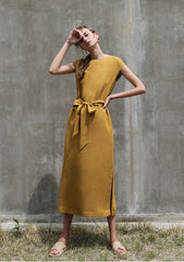 Linen Midi Dress with Waist Tie and Side Slits – Sleeveless Elegant Summer Wardrobe Essential