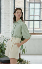 Linen Collared Shirt Blouse with Puff Half Sleeves – Tailored Button-Up Summer Top