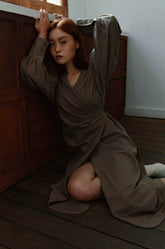 Elegant Wrap-Style Linen Dress with Puff Sleeves and Midi Length