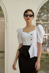 Linen Puff Sleeve Blouse with Sweetheart Neckline and Peplum Hem