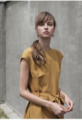 Linen Midi Dress with Waist Tie and Side Slits – Sleeveless Elegant Summer Wardrobe Essential