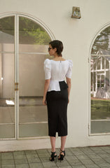 Linen Puff Sleeve Blouse with Sweetheart Neckline and Peplum Hem