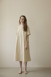 Women's Linen Midi Dress with Gathered Waist and Button Detail for Effortless Elegance