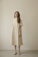 Women's Linen Midi Dress with Gathered Waist and Button Detail for Effortless Elegance