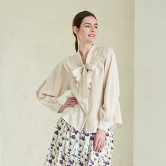 Linen Blouse with Ruffled Sailor Collar and Front Bow Tie for Romantic Feminine Elegance