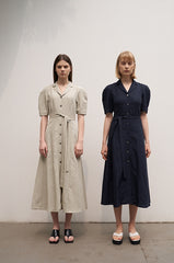 Women's Linen Puff Sleeve Midi Dress – Button Front Shirt Dress with Belted Waist