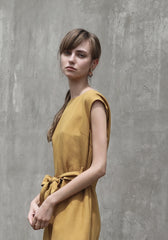 Linen Midi Dress with Waist Tie and Side Slits – Sleeveless Elegant Summer Wardrobe Essential