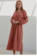Viscose Long Sleeve Button-Down Midi Dress for Women with Drawstring Waist and Side Slits
