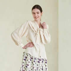 Linen Blouse with Ruffled Sailor Collar and Front Bow Tie for Romantic Feminine Elegance