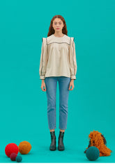 Women's Linen Blouse with Statement Collar and Puff Sleeves for Chic and Breathable Everyday Style