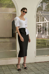 Linen Puff Sleeve Blouse with Sweetheart Neckline and Peplum Hem