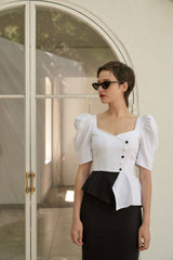 Linen Puff Sleeve Blouse with Sweetheart Neckline and Peplum Hem