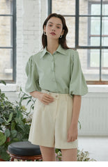 Linen Collared Shirt Blouse with Puff Half Sleeves – Tailored Button-Up Summer Top