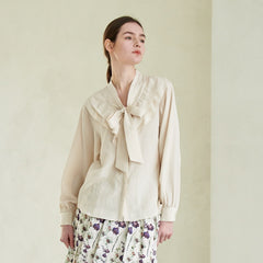 Linen Blouse with Ruffled Sailor Collar and Front Bow Tie for Romantic Feminine Elegance