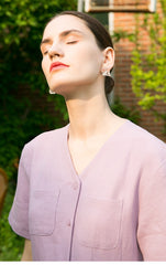 Elegant Short Sleeve Button-Front Linen Midi Dress with V-Neck and Seam Detail