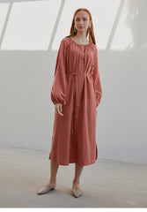 Viscose Long Sleeve Button-Down Midi Dress for Women with Drawstring Waist and Side Slits