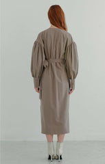 Wrap-Front Linen Midi Dress with Balloon Sleeves and Draped Silhouette