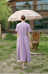 Elegant Short Sleeve Button-Front Linen Midi Dress with V-Neck and Seam Detail