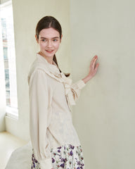 Linen Blouse with Ruffled Sailor Collar and Front Bow Tie for Romantic Feminine Elegance