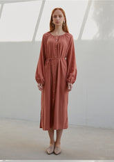 Viscose Long Sleeve Button-Down Midi Dress for Women with Drawstring Waist and Side Slits