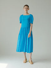 Square Neck Puff Sleeve Linen Dress With Gathered Skirt