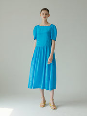 Square Neck Puff Sleeve Linen Dress With Gathered Skirt