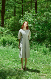 Tailored Button-Front Linen Dress with Soft Pleats and Midi-Length Silhouette