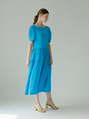 Square Neck Puff Sleeve Linen Dress With Gathered Skirt