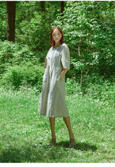 Tailored Button-Front Linen Dress with Soft Pleats and Midi-Length Silhouette