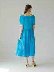 Square Neck Puff Sleeve Linen Dress With Gathered Skirt