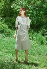 Tailored Button-Front Linen Dress with Soft Pleats and Midi-Length Silhouette