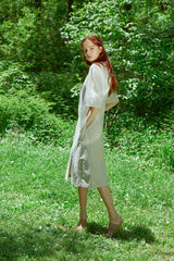 Tailored Button-Front Linen Dress with Soft Pleats and Midi-Length Silhouette