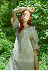 Tailored Button-Front Linen Dress with Soft Pleats and Midi-Length Silhouette